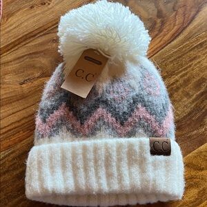 NWT C.C Chevron Pom Pom Beanie - Pink, Gray, and Cream